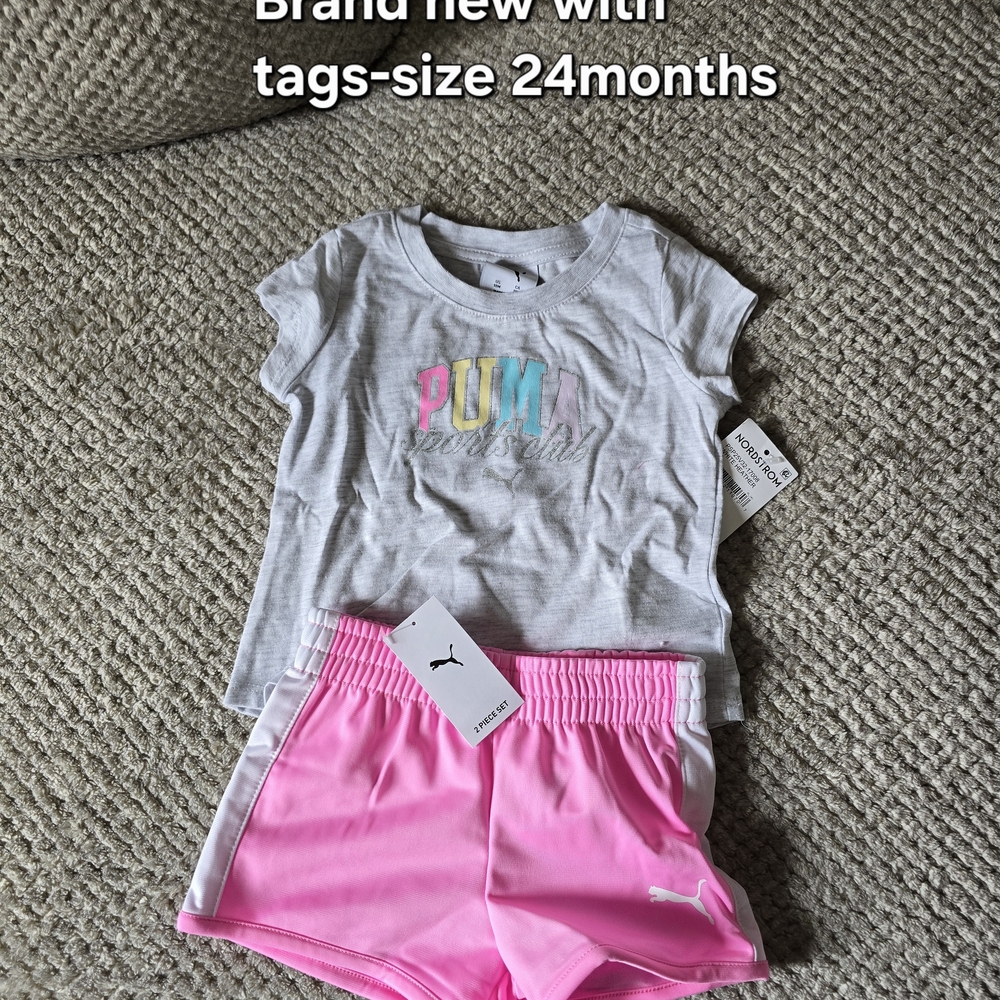 Puma White Tee with Pastel Logo & Bright Pink Athletic Shorts